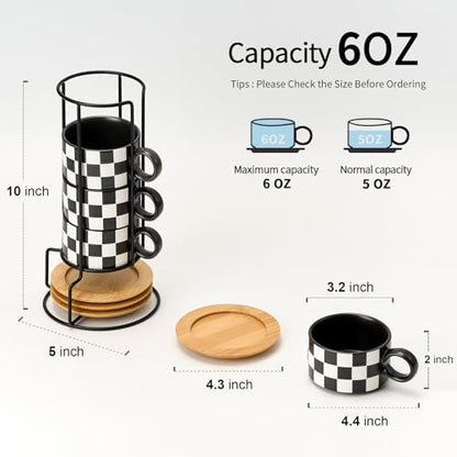 LUKA 6 Ounce Ceramic Stackable Black and White Checkered Espresso Cups with Saucers and Metal Stand Set of 4, Cappuccino Cups Set for Coffee Drinks, Latte, Cafe Mocha and Tea, Black Interior - color: 4BKG-Black & White