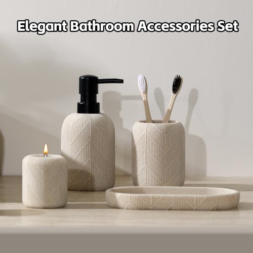 4 PCS Bathroom Accessory Set, Leaf Veins Texture, Beige | Modern, Luxurious, Minimalist, With 10.15 OZ Soap Dispenser, Tumbler, Vanity Tray, Candle Holder for Countertop Kitchen Sink