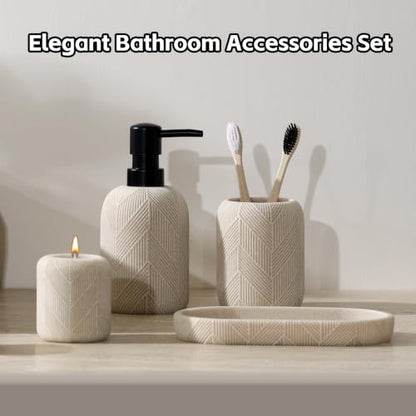 4 PCS Bathroom Accessory Set, Leaf Veins Texture, Beige | Modern, Luxurious, Minimalist, With 10.15 OZ Soap Dispenser, Tumbler, Vanity Tray, Candle Holder for Countertop Kitchen Sink