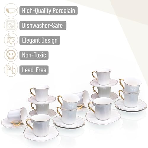 BTaT- Porcelain Espresso Cups Set, 3 oz, 12 Set, Small Coffee Mugs | Elegant White Cups Saucers Gold Trim Espresso Set Greek Arabic Turkish Coffee Gift Use - color: White, size: Set of 12