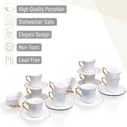 BTaT- Porcelain Espresso Cups Set, 3 oz, 12 Set, Small Coffee Mugs | Elegant White Cups Saucers Gold Trim Espresso Set Greek Arabic Turkish Coffee Gift Use - color: White, size: Set of 12