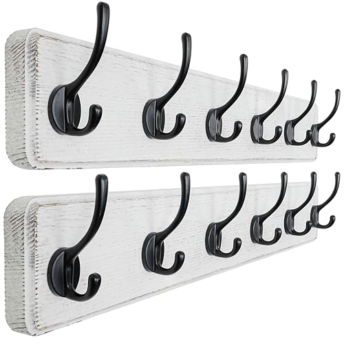 Wall Mounted Coat Rack: 24" Long, Patented, Heavy-Duty, 6-Double-Hooks Wooden Hanger Rail for Winter Coats, Hat, Jacket, Clothing - White & Black, Pack of 2 - color: White & Black, size: L=24"(2pcs)