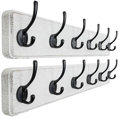 Wall Mounted Coat Rack: 24" Long, Patented, Heavy-Duty, 6-Double-Hooks Wooden Hanger Rail for Winter Coats, Hat, Jacket, Clothing - White & Black, Pack of 2 - color: White & Black, size: L=24"(2pcs)