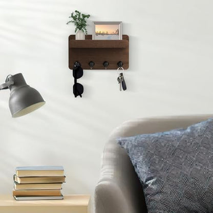 Nekon Key Holder Wall Mount, 8.5 Inch Small Wooden Wall Organizer, Brown | Rustic Wall Shelf, Farmhouse Key and Mail Holder for Living Room Entryway Kitchen - color: Brown