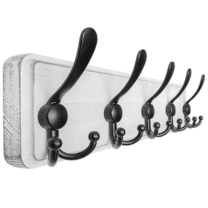 Coat Rack Wall Mounted - 5 Tri Hooks, Heavy Duty, Wooden Wall Coat Hanger Coat Hook for Clothes Hat Jacket Clothing, White & Black - color: White & Black, size: L=17.4"