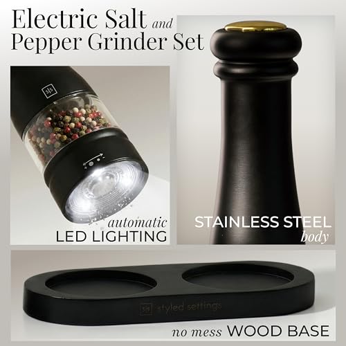 Styled Settings Electric Salt and Pepper Grinder Set, Black & white | Automatic Stainless Steel Battery Operated Salt and Pepper Mill, LED Light, Adjustable Coarseness, Wood Base - color: Black/White