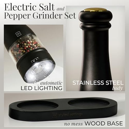 Styled Settings Electric Salt and Pepper Grinder Set, Black & white | Automatic Stainless Steel Battery Operated Salt and Pepper Mill, LED Light, Adjustable Coarseness, Wood Base - color: Black/White