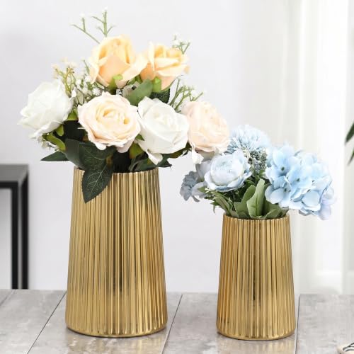 Ribbed Flower Vases Set of 2, Gold Vases for Flowers, Flower Vase for Bouquet, Modern Ribbed Glass Vase for Living Room, Bedroom, Dining Table, Office, Wedding, Centerpieces - color: Gold, size: Large+Medium
