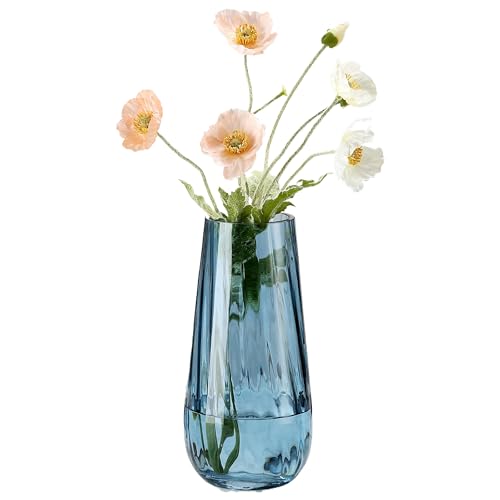 Modern Large Glass Vase H-9.8" Blue Vases for Flowers, Centerpieces and Decorative Accents - Tall Plant Vase for Office Home Table Decor - color: Blue