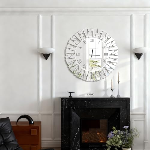 Wall Clock, Round Silver Mirror Silent 32 Inch Large Wall Clock, Modern Glass Wall Decor, Clock Battery Operated, Suitable for Living Room, Home, Kitchen, Office