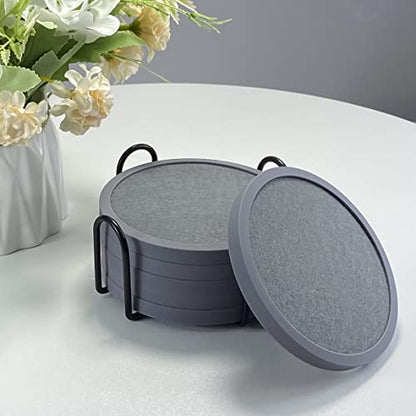 Absorbent Coasters for Drinks with Holder - 6packs, Silicone Coaster with Soft Felt Insert (4.3 inch Coasters with 4.5 inch Holder, Grey) - color: Gray