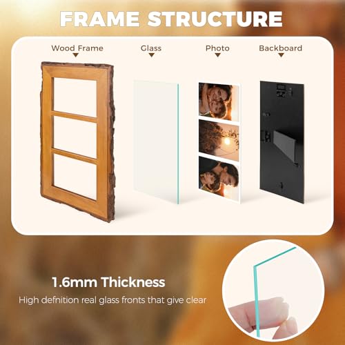 Golden State Art 4x6 Collage Picture Frame,Solid Wood&Real Glass,3 Photos | Multi Picture Frame for (3) 4x6 Photos - Natural Bark Edges Design - Farmhouse Collage Wall Decor - Rustic Brown - size: 3 Openings 4x6
