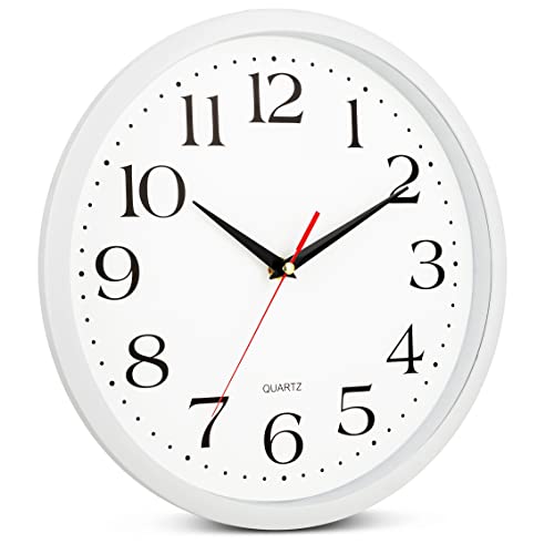 Bernhard Products White Wall Clock Silent Non Ticking, 12 Inch Quality Quartz Battery Operated Round Easy to Read Home/Office/Kitchen/Classroom/School Sweep Clock, Black Hands - color: White, size: 12 Inch