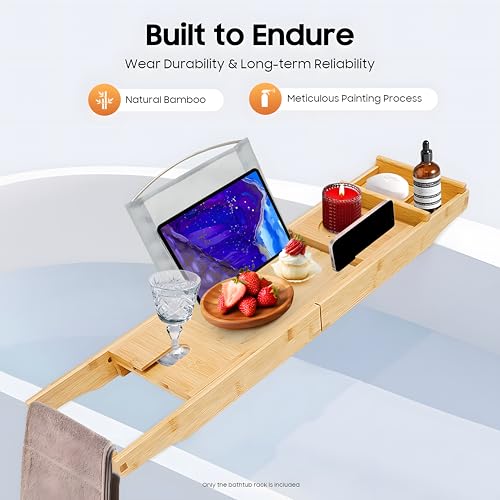 Bamboo Shelf, Expandable Bamboo Bathtub Tray with Wine Glass Holder & Tablet Stand, Adjustable 29.5-42.9 Inch Bath Caddy for Spa Relaxation, Home & Mothers Day & Birthday Gifts for Mom