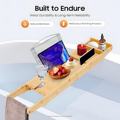 Bamboo Shelf, Expandable Bamboo Bathtub Tray with Wine Glass Holder & Tablet Stand, Adjustable 29.5-42.9 Inch Bath Caddy for Spa Relaxation, Home & Mothers Day & Birthday Gifts for Mom