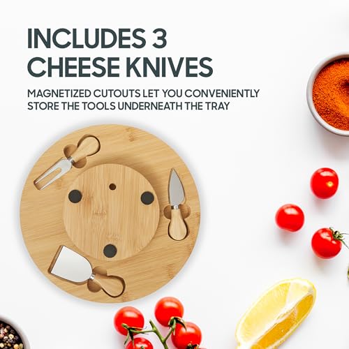 Hammer + Axe Charcuterie Board Set, Round Lazy Susan Bamboo Tray with 3 Cheese Cutter Accessories, Wooden Meat & Cheese Board, Housewarming Gift