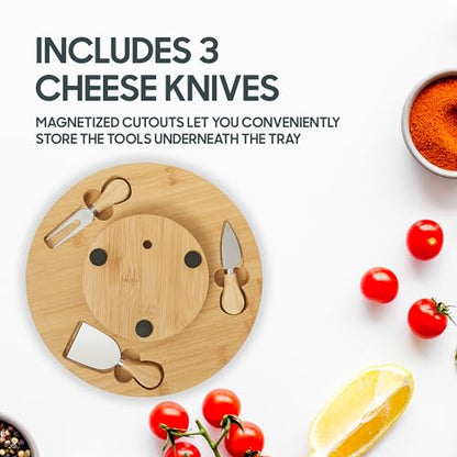 Hammer + Axe Charcuterie Board Set, Round Lazy Susan Bamboo Tray with 3 Cheese Cutter Accessories, Wooden Meat & Cheese Board, Housewarming Gift