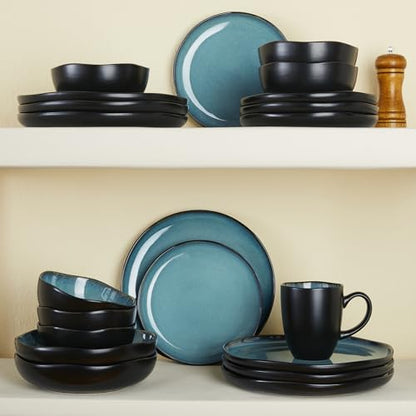 Ceramic Dinnerware Sets for 4, 12pcs Plates and Bowls Sets Dish Set | Stoneware Dishware sets, Microwave & Dishwasher Safe, Cereal Bowls and Dinner Plates Set, Stackable Dishes Set, Green Black - color: Green Black, size: Set (12pcs)