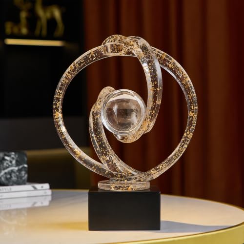 Modern Clear Gold Abstract Sculpture Decor, Abstrac Art Home Decor Accents | Resin Art Statue with Decorative Sphere and Black Base for Living Room, Bookshelf, Coffee Table, Office, Mantel and Entryway - color: Clear Gold Foil