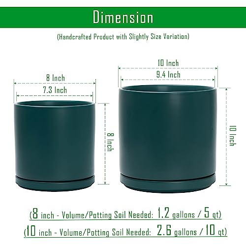 D'vine Dev 2-Pack Ceramic Pots with Saucers, 8/10 in, Teal, 94-G-L-9 | Glazed Ceramic, Drainage Hole, Perfect-Fit Saucer, Sleek Cylinder Shape, High Temperature Fired, Elegant Home Accent - color: Teal, size: Large