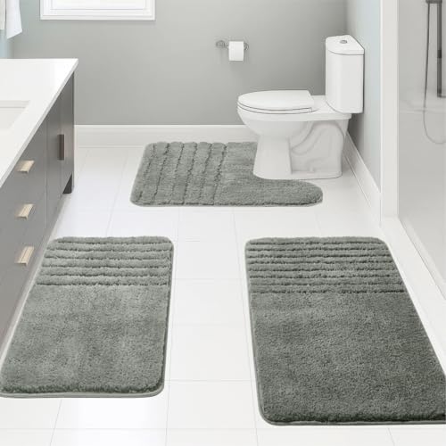 Bath Rugs Set 3 Pieces Bathroom Mat Soft Absorbent Plush Shaggy Soft Floor Non Slip Shower Bath Tub Machine Washable (Moss-Strip, 20"x32"/20"x20"/17"x24") - color: Moss-strip, size: 20"x32"/20"x20"/17"x24"