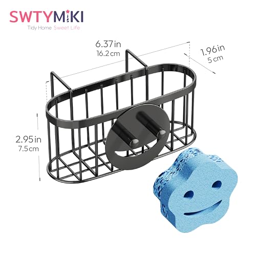 SWTYMIKI Sponge Holder for Kitchen Sink - Movable Sink Caddy with Smiley Face Sponge Holder, Rustproof Hanging Sponge Organizer in Double Bowl Sinks Depth>3.15in, Middle Divider<1.5in, Black - color: Black-smiley Sponge Holder