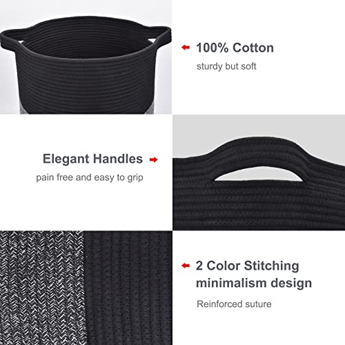 Cotton Rope Blanket Basket, 72L Tall Laundry Hamper, Black & Gray | 16"x 22", Large Collapsible Woven Nursery Hamper with Sturdy Handles for Clothes Toys Towels, Bedroom Living Room Bathroom - color: Black & Gray, size: 72L (16"x22")