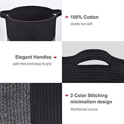 Cotton Rope Blanket Basket, 72L Tall Laundry Hamper, Black & Gray | 16"x 22", Large Collapsible Woven Nursery Hamper with Sturdy Handles for Clothes Toys Towels, Bedroom Living Room Bathroom - color: Black & Gray, size: 72L (16"x22")