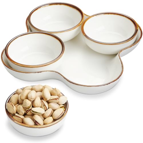 ONEMORE Chip and Dip Serving Set, 8.5 inch Ceramic Divided Serving Platter Small Appetizer Tray with 4 Removable Dishes for Nuts, Candy, Snacks, Veggies, Rustic Serving Bowls for Entertaining