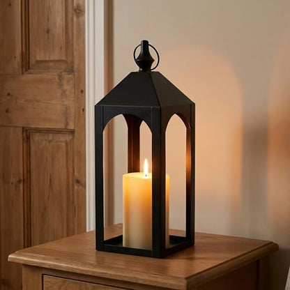 17 Inch Black Metal Outdoor Lantern with Hanging Ring Modern | Farmhouse Candle Lanterns for Porch Patio Fireplace Tabletop Decor No Glass Panel - size: 17Inch