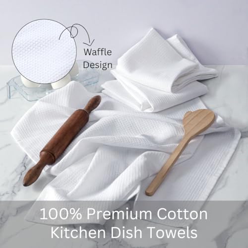 Waffle Kitchen Towels Set of 6-100% Cotton Dish Cloths Towels with Hanging Loop - Soft, Absorbent & Washable for Kitchen Use - Quick Drying Dish Towels 16x26 Inch White - color: White