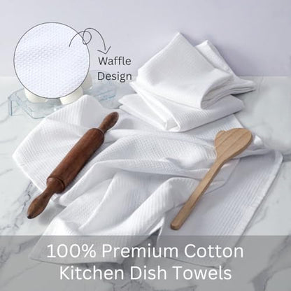Waffle Kitchen Towels Set of 6-100% Cotton Dish Cloths Towels with Hanging Loop - Soft, Absorbent & Washable for Kitchen Use - Quick Drying Dish Towels 16x26 Inch White - color: White