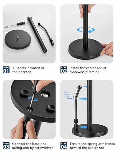 SMARTAKE Paper Towel Holder Countertop, Non-Slip Weighted Base, Black | Freestanding Kitchen Roll Dispenser, Rustproof Stainless Steel, Spring Arm for Easy Tear, Widden Top, with 4 Suction Cups - color: 02-black