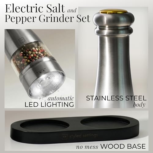 Styled Settings Electric Salt and Pepper Grinder Set, Silver | Automatic Stainless Steel Grinders, LED Light, Battery Operated, Adjustable Coarseness, Wood Base, Salt And Pepper Mill Set - color: Silver