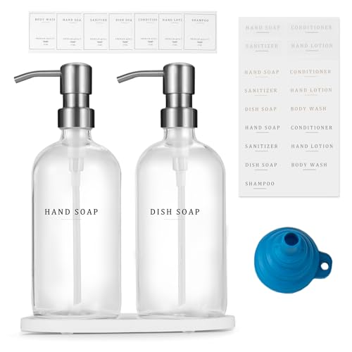 Glass Soap Dispenser - Dish Hand Soap Dispenser Set for Kitchen, Bathroom Soap Lotion Dispenser with 304 Rust Proof Pump, Tray, Clear Bottle/Silver Pump - color: Clear Bottle/Brushed Silver Pump + Tray + Funnel