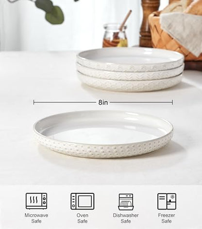 Lareina Salad Plates 8 Inch, Ceramic Plate Set for Kitchen, Embossed Serving Plate, Microwave Oven Dishwasher Safe, For Housewarming or Wedding, Scratch Resistant-Set of 4, Ivory White - size: 8 inch