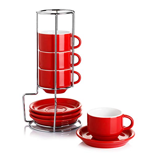 Sweese 4 Ounce Porcelain Stackable Espresso Cups with Saucers and Metal Stand Set of 4, Red - color: Red, size: 4 Ounces