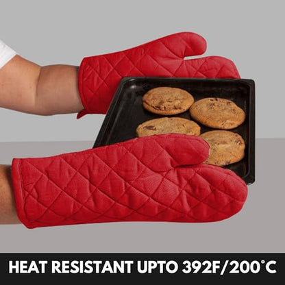 Oven Mitt + Pot Holder 100% Cotton Heat Resistant Kitchen Oven Gloves (7"x13") & Hot Pads (8"x8") for Gifts, Chef, Women & Men - Red - color: Red