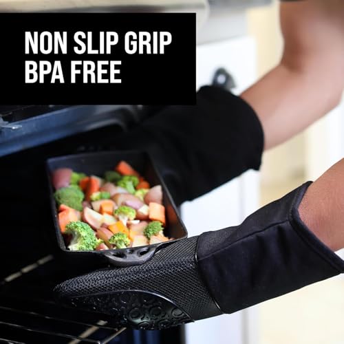 BPA-Free Silicone Oven Mitts Ultra Heat Resistant up to 500°F - Oven Mitts with Thick Cotton Liner - Long Slip Resistant Pot Holders, Flexible Oven Gloves - Black 13.7" - color: Black, size: 2-Piece 13.7" Oven Mitts