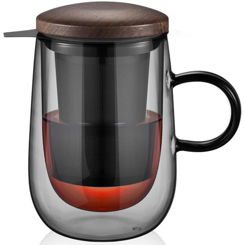 Tea Infuser Mug 14.5oz Glass Tea Cup with Removable Stainless Steel Infuser and Lid, Double-walled Black Glass Tea Cup Teacup for Loose Leaf Tea, Birthday for Parents Dad Mum Friends Office - color: Type 2 Black