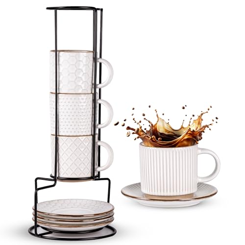 GBhome 6 OZ Stackable Coffee Mugs Set of 4, Ceramic Espresso Coffee Cups | Coffe Cups With Saucer and Stand, Dishwasher&Microwave Safe, 4 Assorted Designs - color: Off-White, size: 6 Ounce (With Stand)