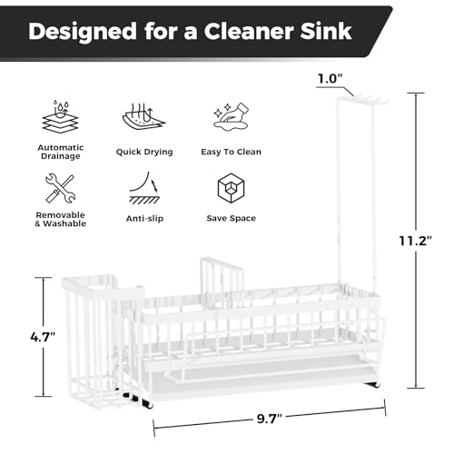 Kitchen Sink Organizer, Stainless Steel Sponge Holder, White | Rust-Resistant Steel, Detachable Draining Board, Compartment Divider, Brush Holder & Towel Bar, Ideal for Kitchen Storage - color: White