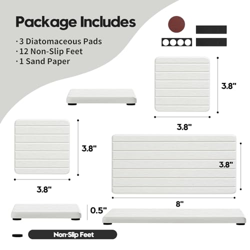 3 Pack Water Absorbent Diatomite Coasters, Stone Drying Mat for Kitchen Counter, Bathroom Sink Organizer Tray, Compact Vanity Rack, Soap Holder Caddy, Faucet Splash Guard, White 8"x3.8" - color: 3 Pack - White - 1pc of 8"x 3.8" and 2pcs of 3.8"x 3.8"