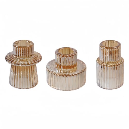 Glass Candlestick Holders, Taper Candle Holders, Set of 3, Gold | Double-sided ribbed glass taper candle holders for wedding centerpieces, parties, Christmas, Thanksgiving, and home decor - color: Gold, size: 3 PCS