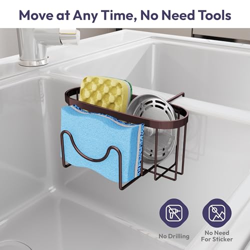 SWTYMIKI Sponge Holder for Kitchen Sink - Movable Kitchen Sink Caddy with M Shape Hook, Stainless Steel Hanging Sponge Caddy for Dish Sponge, Brush, Stopper Organizer in Double Bowl Sink, Bronze - color: Bronze-regular