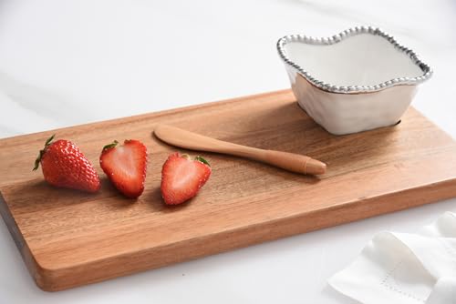 Pampa Bay Acacia Charcuterie Board with Porcelain White & Silver Dipping Bowl and Wood Spreader - color: White & Silver