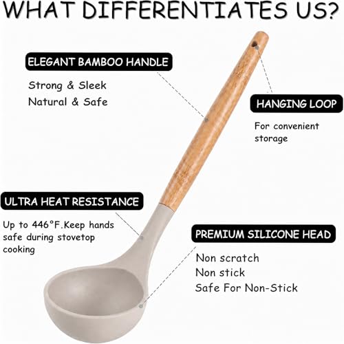 MIBOTE Silicone Cooking Kitchen Utensils Set, Wooden Handle, Khaki | BPA-Free, Non-Toxic Silicone Turner, Tongs, Spatula, Spoon Set – Great for Nonstick Cookware, Heat-Resistant, Easy Clean - color: Khaki