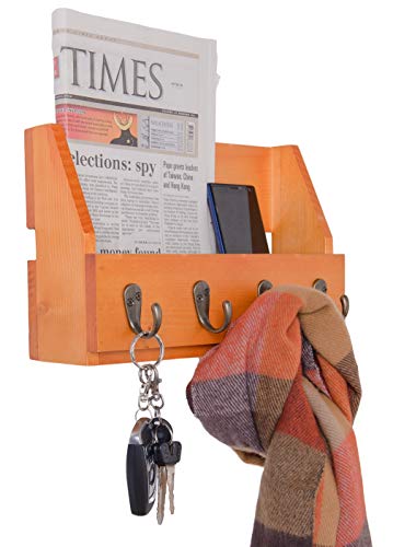 Wall Mounted Key and Mail Holder with 4 Hooks. Made of Solid Wood. Use as Key Rack, Entryway or Mudroom Organizer, Mail Sorter, Magazine Holder, Bill Sorter, Rustic Home Décor (Oak) - color: Oak