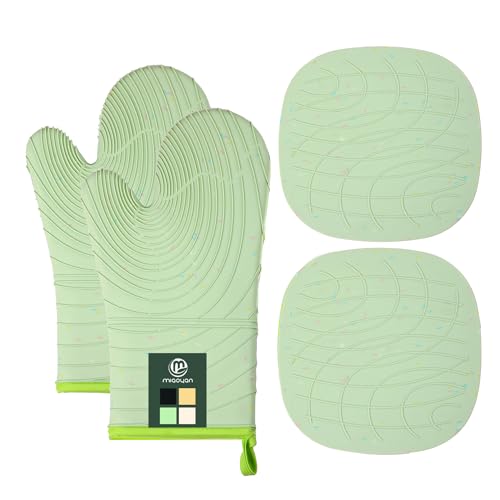 4 Pieces Oven Mitts and Pot Holders of Macaron Color Thickened Non-Slip Silicone Kitchen Gloves, Heat Resistant up to 500F, Essential for Kitchen Baking(makal-lv) - color: Silicone-green