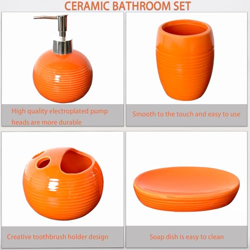 Orange Bathroom Accessories Set 4 Pcs, Ceramic Bathroom Accessory Set with Lotion Soap Dispenser, Toothbrush Holder, Bathroom Tumbler and Soap Dish,Orange Bathroom Decor